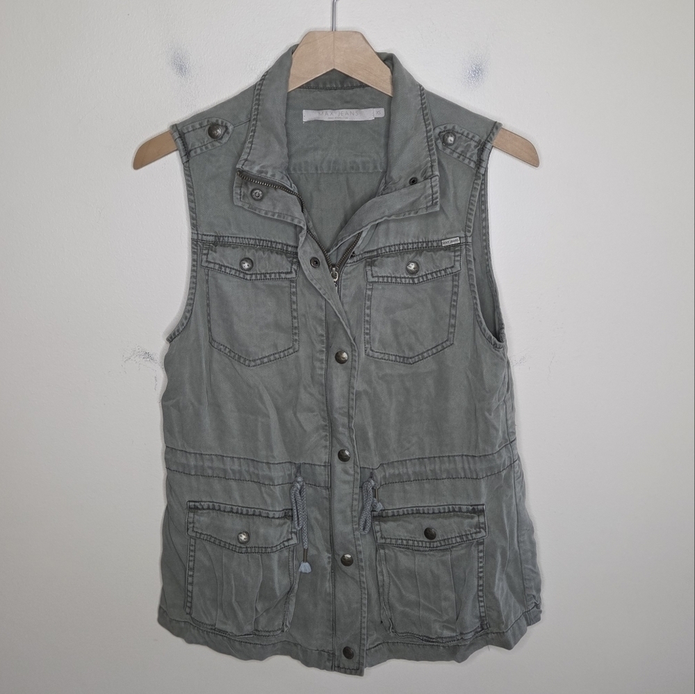 Max Jeans Olive Green Utility Cargo Vest Zip Button Front Size XS